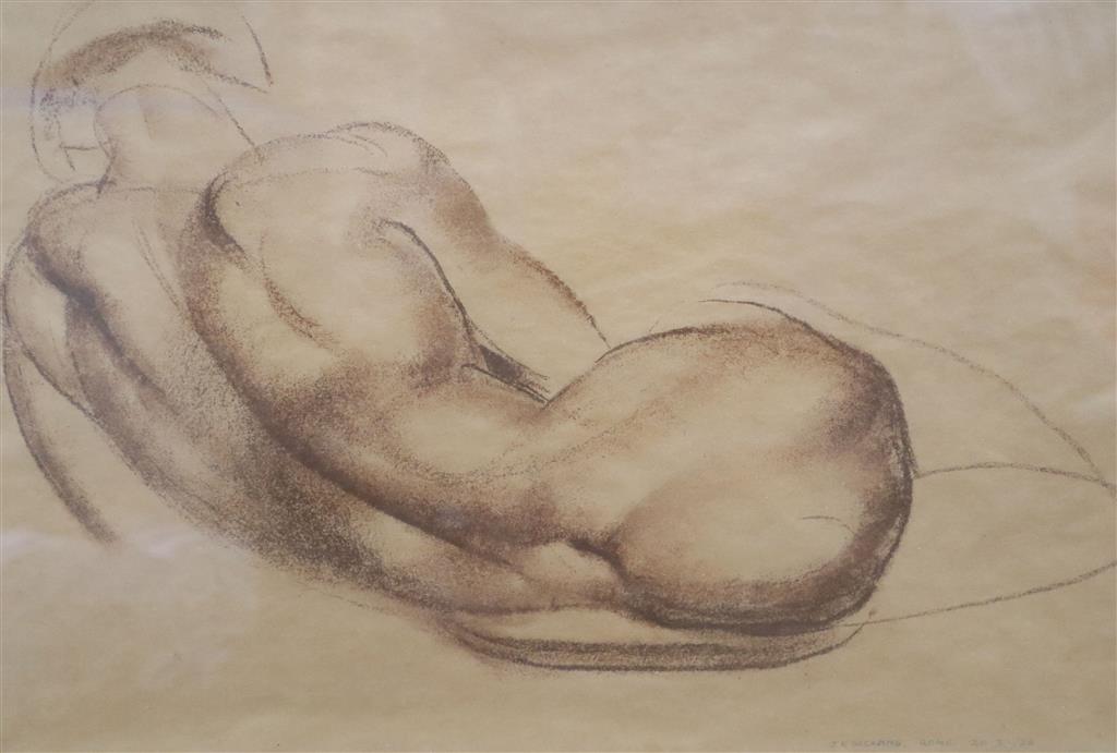 John Skeaping (1901-1980), brown chalk on buff paper, Reclining nude, signed and dated Rome /26, 23 x 36cm